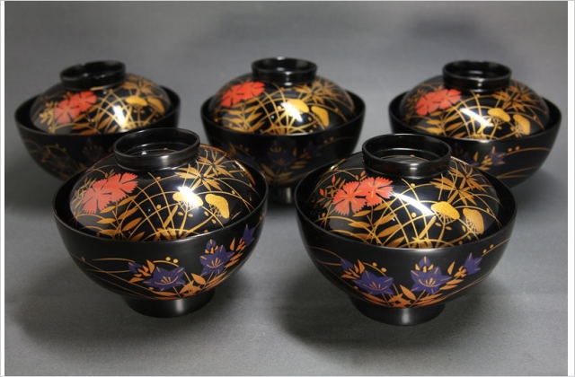 輪島塗吸物椀5客 寺尾茂雄・静峰作 金蒔絵